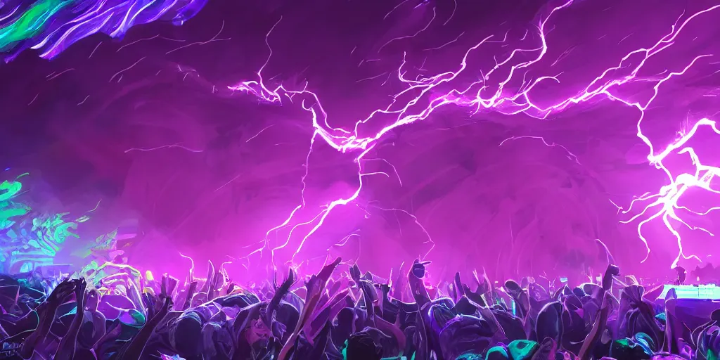 Prompt: purple lightning strikes while rapper performs on stage, psychedelic light show, digital art, vapor wave, hip hop, surreal, trending on Artstation, professional artist, detailed, 4k