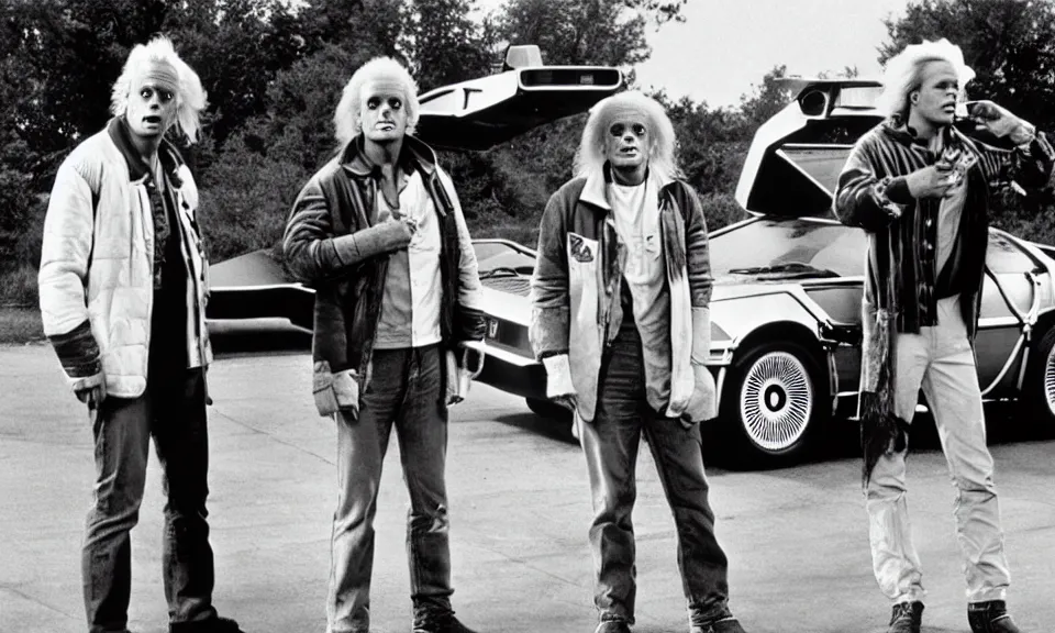 Image similar to scene from back to the future, doc brown and marty mcfly standing in front of the delorean