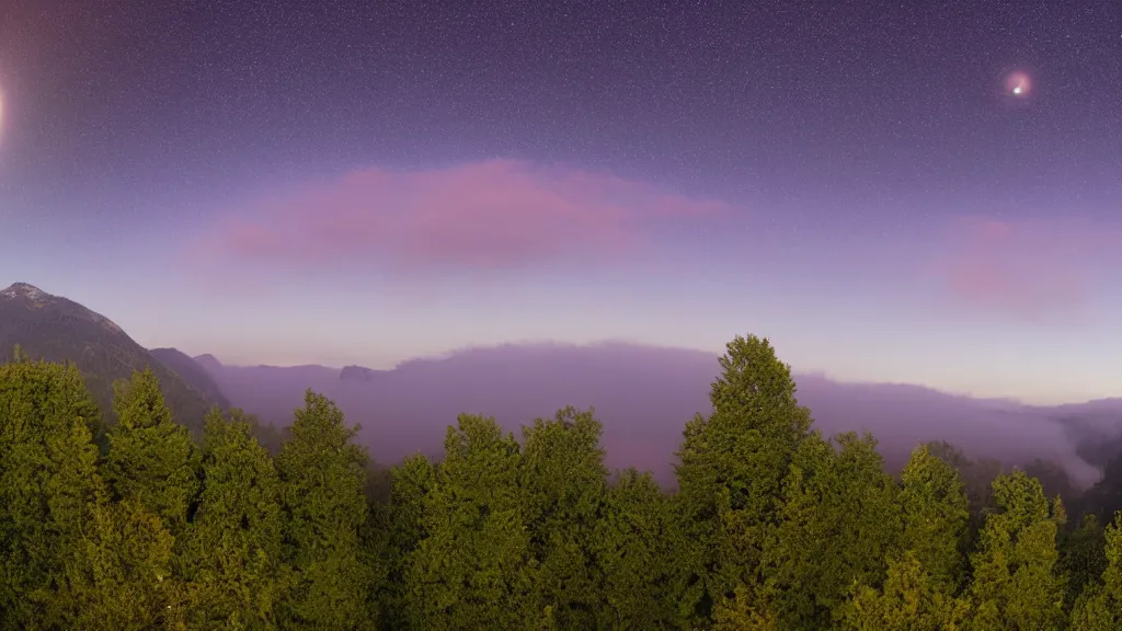 Image similar to Panoramic photo where the mountains are towering over the valley below their peaks shrouded in mist. The moon is just peeking over the horizon and the purple sky is covered with stars and clouds. The river is winding its way through the valley. The tree are a bright blue.