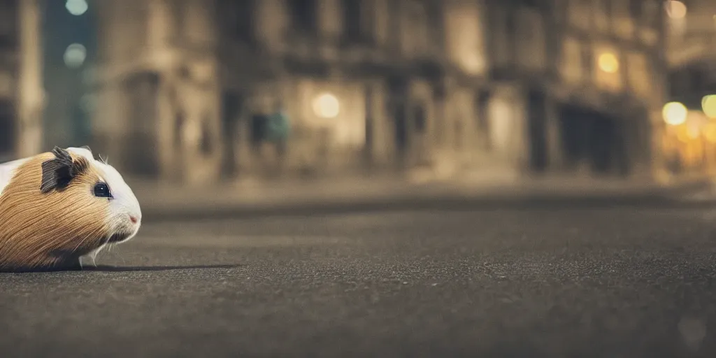 Image similar to a guinea pig sits looking out the window at night, watching cars go by on a road in Paris, 4k photorealism