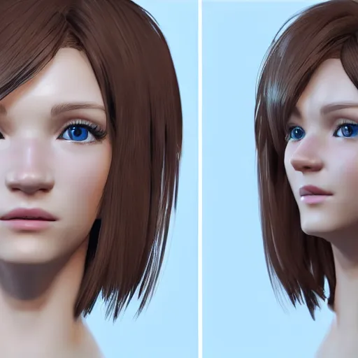 Image similar to a brown haired blue eyes beautiful girl smiling in character design. gesture drawing. line of action. official art, unreal engine 5, unreal engine. medium shot. ray tracing hdr. 8 k. uhd. sharp focus. highly detailed. masterpiece. golden ratio. anime render. cinematic lighting. lifelike. symmetrical face. beautiful face