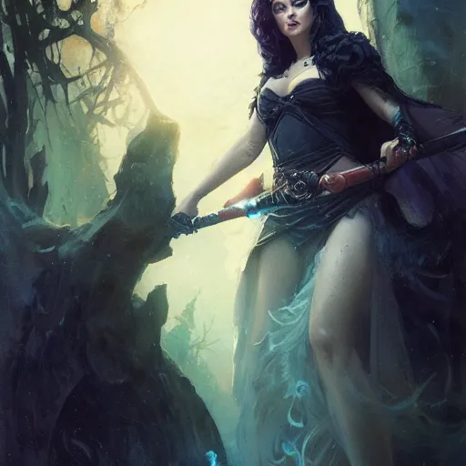 Prompt: a villainous, bewitching sorceress, auburn outfit, black hair, curvy crossfit build, fantasy portrait by greg rutkowski, gaston bussiere, larry elmore