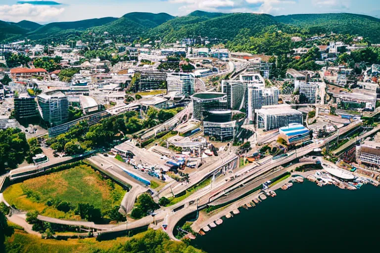 Image similar to bird's eye view photography of a small city. town hall, central farm, monorail station, beach and harbor. hills, woods and lake to the north.