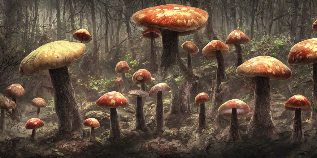 Prompt: mushroom biome, fantasy apocalypse, digital art, 4 k, mmo
