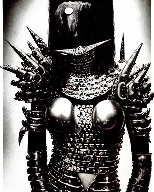 Image similar to portrait of a skinny punk goth yayoi kusama wearing armor by simon bisley, john blance, frank frazetta, fantasy, thief warrior, chrome