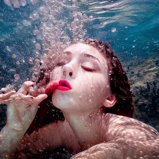 Prompt: medium close up, of a beautiful teen with short brown hair completely underwater wearing a floral sundress, eyes closed, bright red lipstick, sinking as if drowing, motion blur, long exposure. Seed image is [3790640580, 3580780586, 658923803, 3389861569, 2223194009]