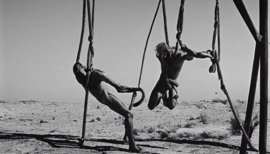 Image similar to 1 9 6 0 s movie still of marcus atilius regulus tied with ropes at pole in direction of the burning sun with blood flowing off his eyes cinestill 8 0 0 t 3 5 mm b & w, high quality, heavy grain, high detail, texture, dramatic light, anamorphic, hyperrealistic, detailed hair