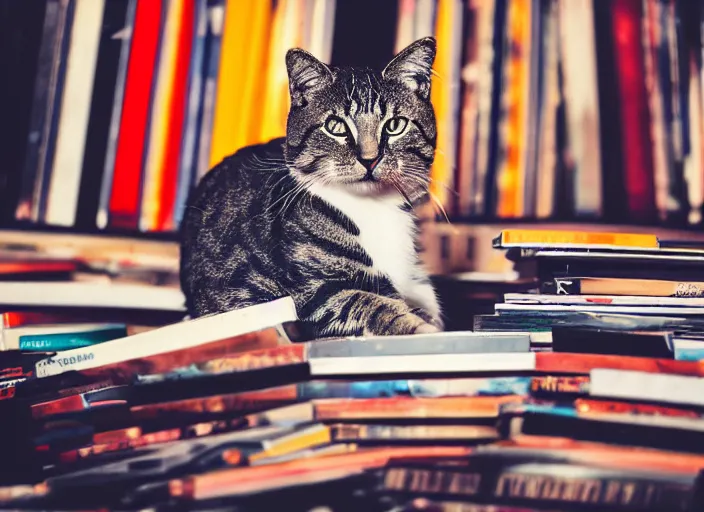 Image similar to photography of a Cat sitting on a pile of books and vinyls. a record player is in the shot. in a room full of vinyls and posters out of the 70's, photorealistic, raining award winning photo, 100mm, sharp, high res