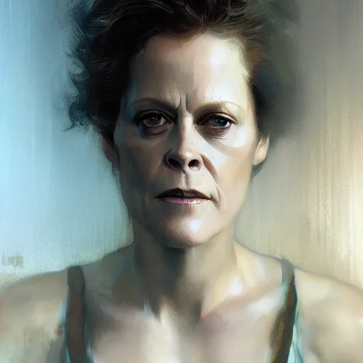 Image similar to sigourney weaver, hyperrealistic portrait, bladerunner street, art of elysium by jeremy mann and alphonse mucha, fantasy art, photo realistic, dynamic lighting, artstation, poster, volumetric lighting, very detailed face, 4 k, award winning