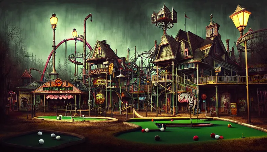 Image similar to michal karcz grunge painting of an amusement park, monster and horror theme. Monster-themed Minigolf and whack-a-mole monster theme, detailed, elegant, intricate, 4k,