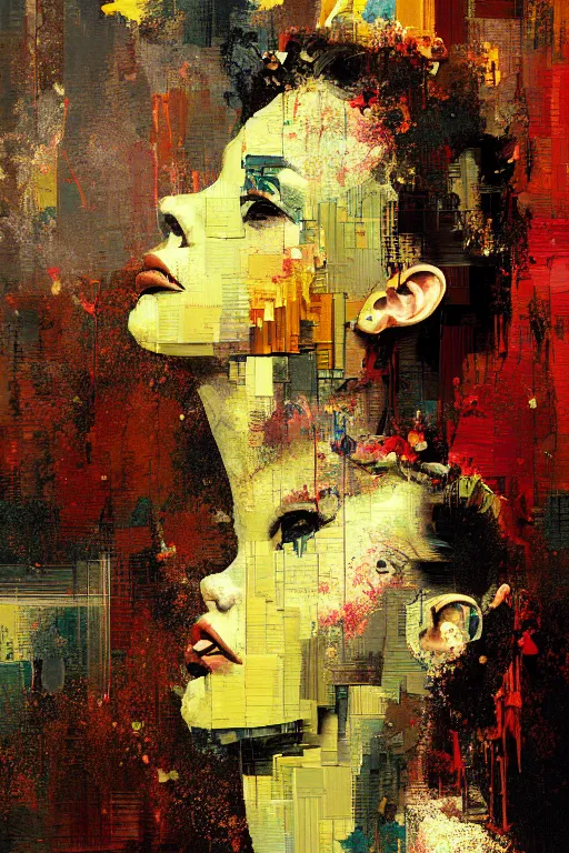 Image similar to a beautiful glitched painting by robert proch of a woman in a glitched bathroom, metal rust and plaster materials, pixel sorting, color bleeding, brushstrokes by jeremy mann, still life, dark colors