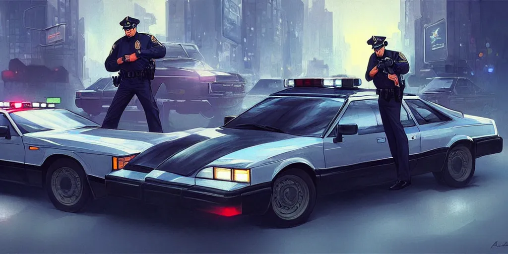 Prompt: a 1 9 8 0 s cop and cop car, highly detailed, digital painting, artstation, concept art, matte, sharp focus, illustration, art by artgerm and greg rutkowski and alphonse mucha