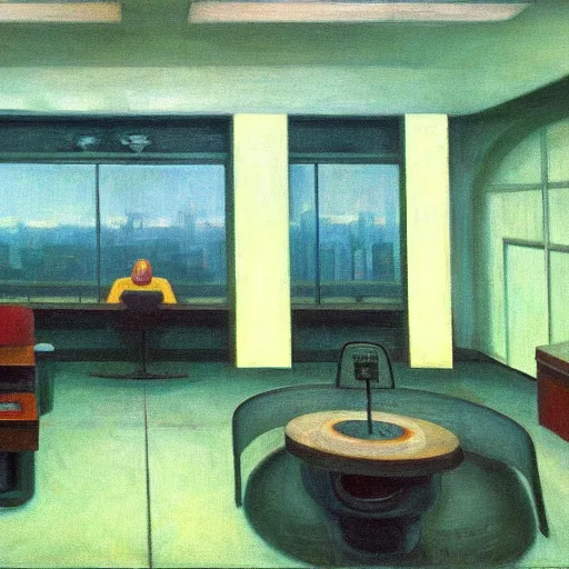 Prompt: mind control facility interior, dystopian, pj crook, edward hopper, oil on canvas