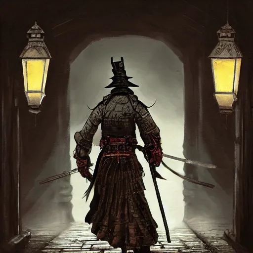 Prompt: Victorian Gothic Samurai, walking down an old lantern lit street, hd, intricate, bloodborne, 4k, realistic oil painting