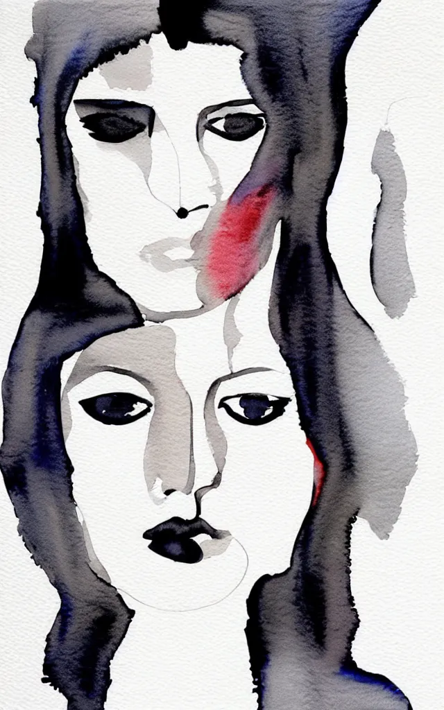 Image similar to one beautiful face woman, symmetrical, grey, colorless and silent, watercolor portraits by Luke Rueda Studios and David downton