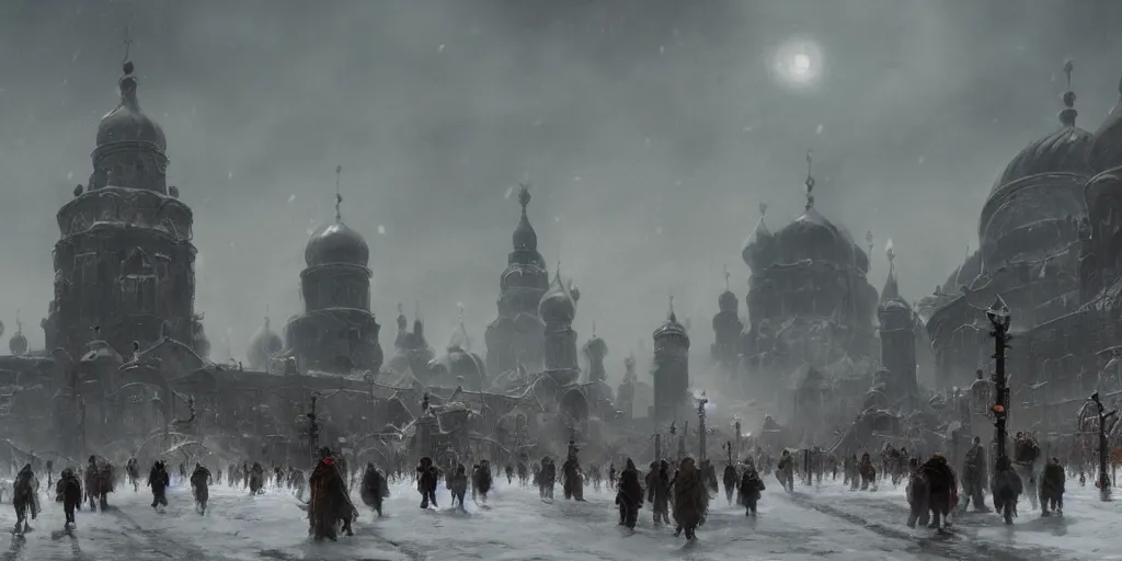 Prompt: Post-apocalyptic imperial russian city scene with a dark smog choked sky and a crowd of people freezing in the snow, black domes and spires, sci fi, detailed matte painting, cinematic, Alan Lee, Artstation