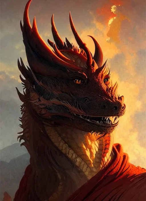 Image similar to ''face portrait furry handsome dragon, volcano landscape, fantasy, d & d, sharp focus, detailed, digital painting, art by greg rutkowski and alphonse mucha''