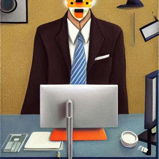 Prompt: a detailed pastel painting of a bug insect wearing a business suit and working behind the computer in the office. digital art, trending on artstation, 8k, hyper realistic in the style of Grant Wood