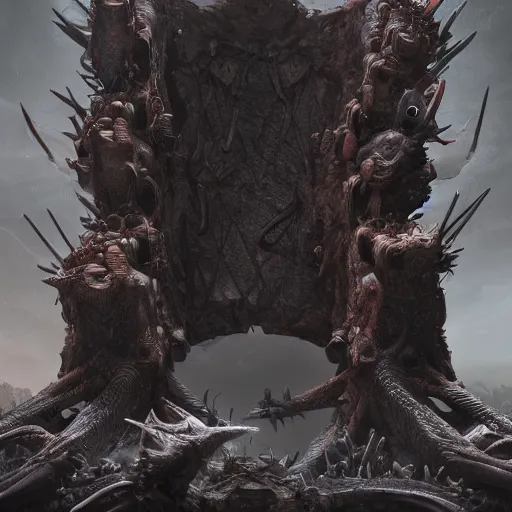 Image similar to monster graveyard chair, portrait of daemons, beings of astonishing structure, high detail, cinematic, cgsociety 8k phantom grip