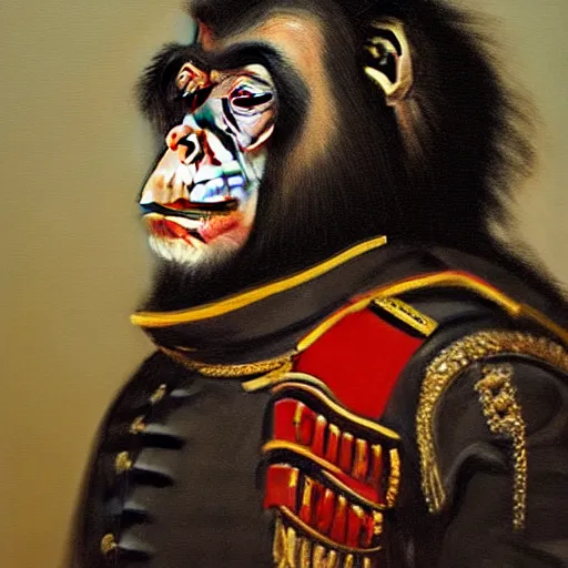 Prompt: An exquisite modern painting of a chimpanzee dressed like a bearded Napoleon with correct military uniform, no frames