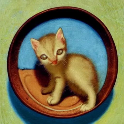 Prompt: baby kitten on a bowl of soup, medieval art