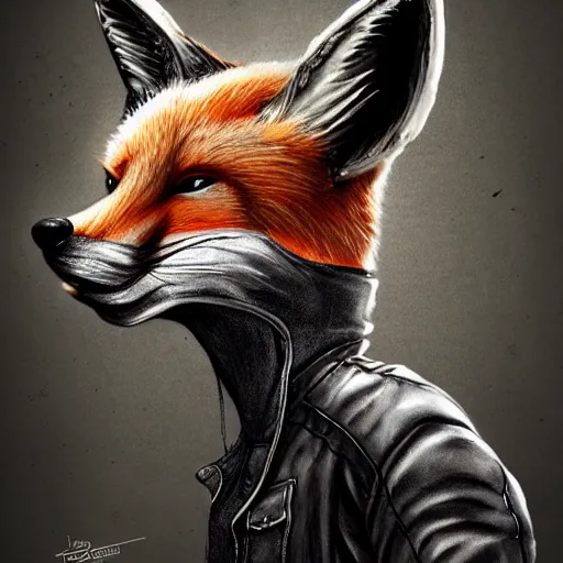 Image similar to A fox with a small head wearing a leather jacket and leather jeans and leather gloves, trending on FurAffinity, energetic, dynamic, digital art, highly detailed, FurAffinity, high quality, digital fantasy art, FurAffinity, favorite, character art