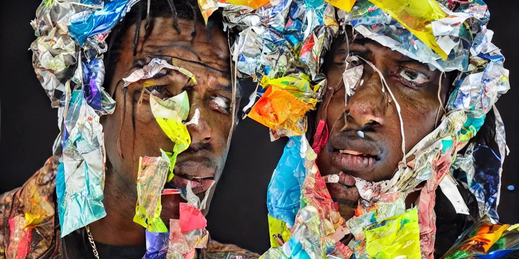 Prompt: travis scott with a trash bag on his head, collage paper and tape, acrylic on canvas, hyperrealism mixed with expressionism, high resolution, cinematic, unreal 6 breathtaking detailed, by blake neubert