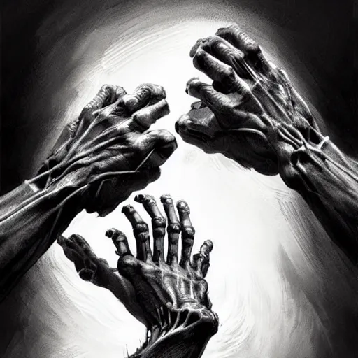Image similar to The hands of god and the hands of death reaching together, vertical symmetry, detailed hands, detailed skeleton hands, beautiful moody artwork by Greg Rutkowski and Asher Duran
