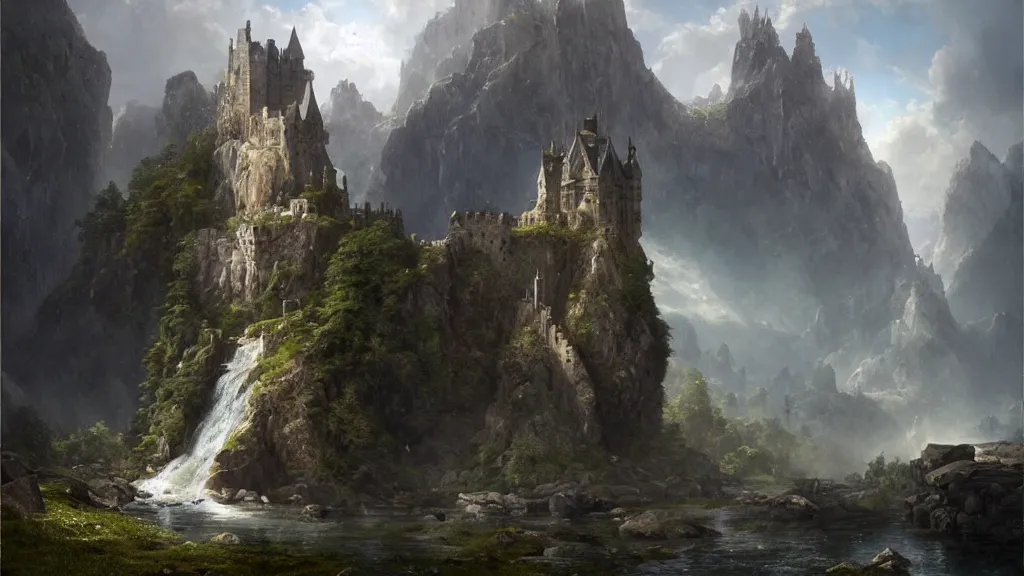 Image similar to elven stone castle above the great alpine waterfall. andreas achenbach, artgerm, mikko lagerstedt, zack snyder, tokujin yoshioka