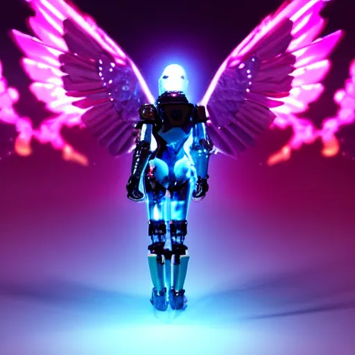 Image similar to robot paladin space warrior knight futuristic with glowing pink hologram angel wings, cinematic lighting, HD, high details, atmospheric