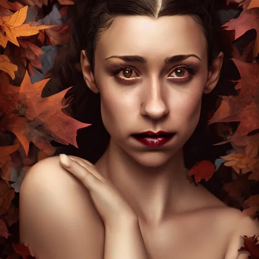 Image similar to gorgeous female stella maeve magician, realistic character concept, medium shot, elegant pose, spooky, illustration, symmetrical face and body, realistic symmetrical eyes, cinematic lighting, detailed realistic symmetrical eyes, 8 k, charlie bowater, jacob riis, tom bagshaw, single face, insanely detailed and intricate elegant, autumn leaves