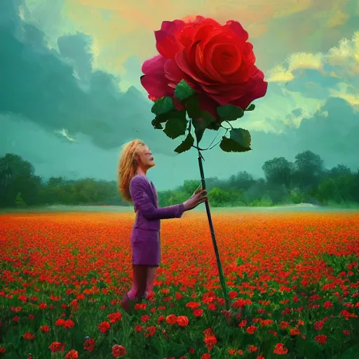 Image similar to giant rose flower head, full body girl standing in a flower field, surreal photography, sunrise, dramatic light, impressionist painting, colorful clouds, digital painting, artstation, simon stalenhag