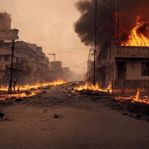 Image similar to a Film still of Karachi streets abandoned, on fire, dramatic, 4k, in the new Christopher Nolan movie