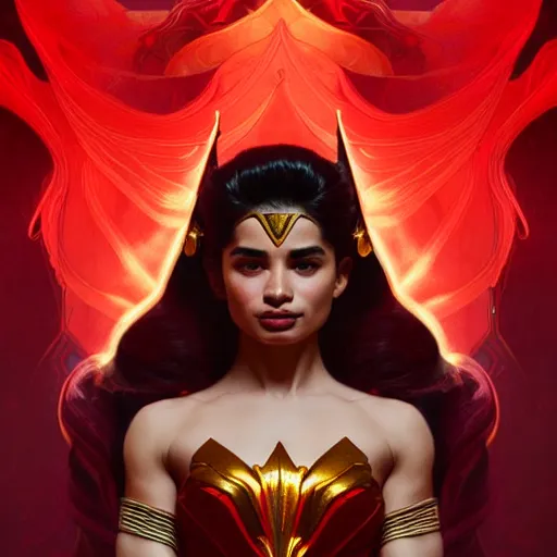 Image similar to anne curtis as darna, volumetric lights, red and cyan theme, art nouveau botanicals, intricate, highly detailed, digital painting, artstation, concept art, smooth, sharp focus, cinematic, illustration, beautiful face, art by artgerm and greg rutkowski and alphonse mucha