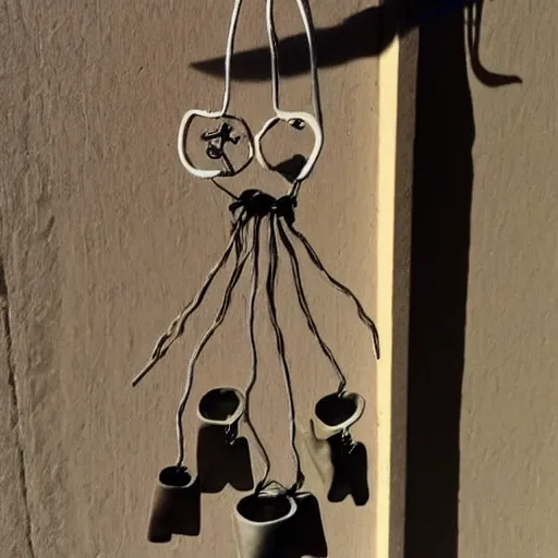 Image similar to This is a sketch of a wind chime made from the pieces of a broken mug. It shows the mug handle as the top piece with strings attached to it, and the bottom pieces of the mug hanging down like little bells, sketch, illustration