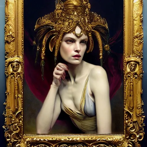 Prompt: highly detailed oil painting | very intricate | cinematic lighting | award - winning | portrait of goddess astarte dressed by alexander mcqueen | by roberto ferri, by tom bagshaw, by j. c. leyendecker and klimt, american romanticism, by austin osman spare, artstation, cgsociety, official art, octane