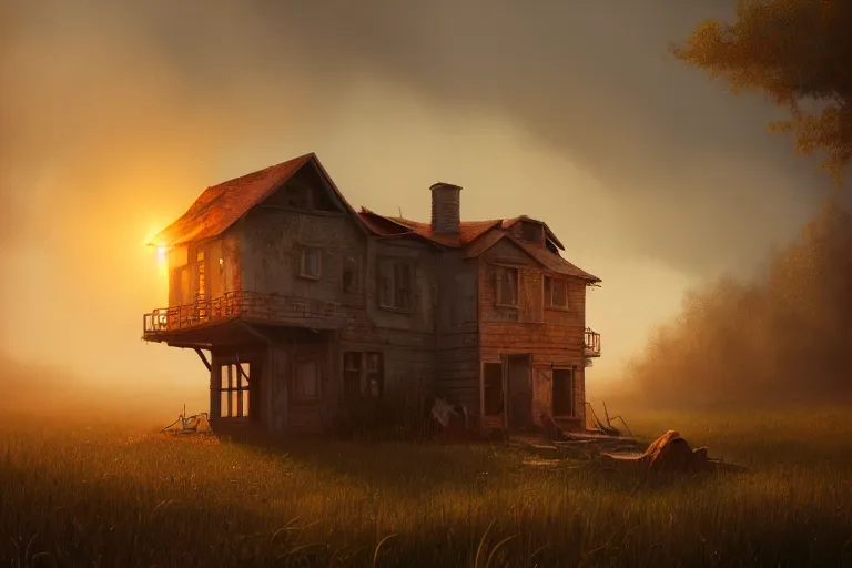 Image similar to a house in the shape of a human, rust, hyperrealistic, highly detailed, cinematic, single ray of sun, fog, beautiful, cgssociety, artstation, 8 k, oil painting