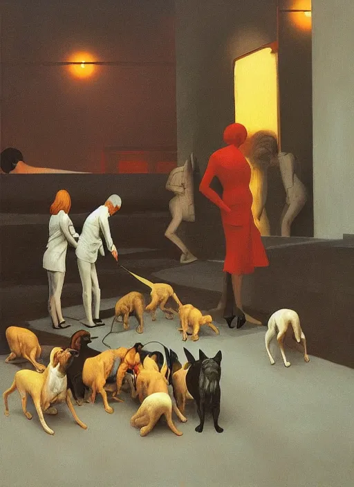 Image similar to crowd of dogs with recovery cones Edward Hopper and James Gilleard, Zdzislaw Beksinski highly detailed