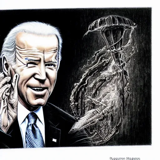 Image similar to Joe Biden!!!!!!!!!!!!!!!!!, by Stephen Gammell and H.R Giger