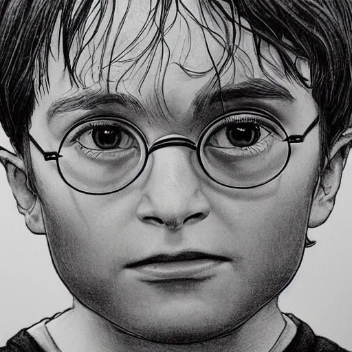 Prompt: a close up portrait of harry potter as a child, art station, highly detailed, concept art, sharp focus, illustration in pen and ink, wide angle, by Kentaro Miura