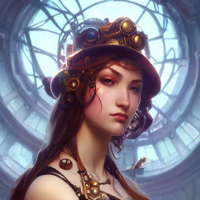 Prompt: portrait of beautiful steampunk girl, town, volumetric lighting, ray tracing, futuristic, sharp focus, vibrant, vivid, symmetry, highly detailed, 4 k digital painting, detailed skin, raytracing, artistic, concept art by artgerm, greg rutkowski, alphonse mucha, unreal engine render,