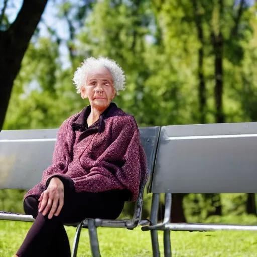 Image similar to an older woman sitting in a park. under her nose is a thin translucent tube connected to an oxygen tank, 4 k,