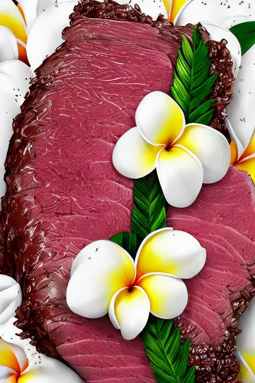 Image similar to ultra realistic illustration, portrait of sliced roast beef covered in white yogurt, plumeria tropical bouquet background, close up shot, fantasy, intricate, elegant, highly detailed, digital painting, artstation, concept art, smooth, sharp focus, illustration, surrealism