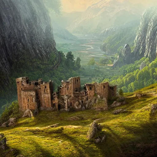 Image similar to A vast verdant empty valley surrounded by Transylvanian mountains. A medieval castle in ruins on the mountainside. Accurate details, dramatic lighting, golden hour, stormy weather, intricate, highly detailed, digital painting, artstation, concept art, sharp focus, illustration, art by Gustave Dore, octane render