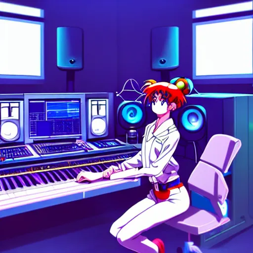 Image similar to An anime character working in their music studio. 90s anime, Sailor Moon, Neon Genesis, official art, flat cell shading, fantastic screenshot art, trending on artstation