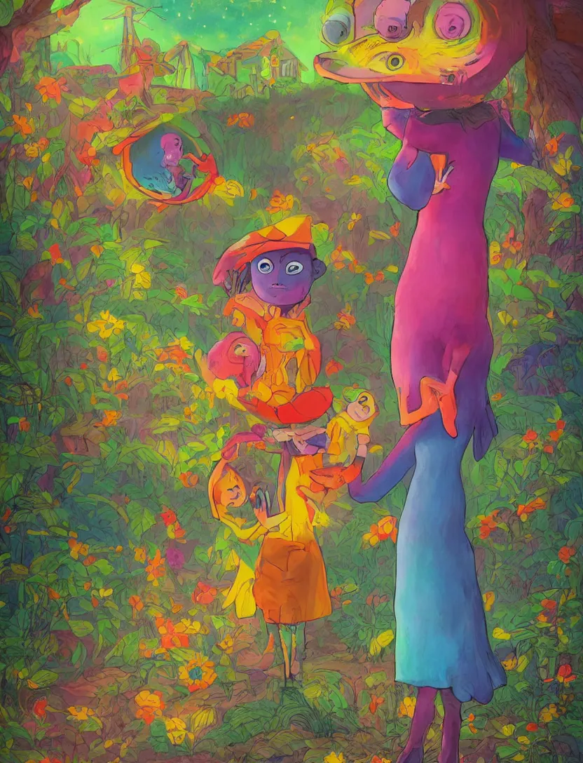 Prompt: bright dramatic lighting fun colorful children's book illustration titled'mama here comes midnight ', magical realism folk art very cute, portrait of anthropomorphic creature in a rural area, highly detailed, painted by pixar and studio ghibli, shocking detail trending on artstation 8 k