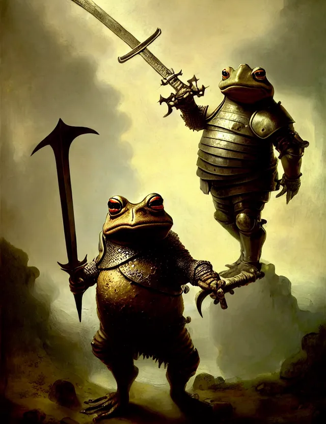 Prompt: anthropomorphic bipedal toad that is wearing full iron plate armor, and holding a colossal sword in his hand, as a matte oil painting and d & d character art, by rembrandt, standing, fullbody, lots of bubbles, award - winning, extremely detailed, sharp focus