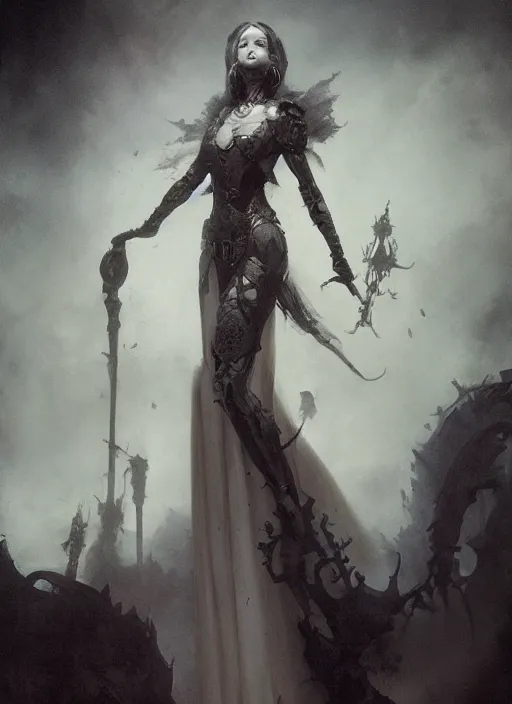 Image similar to hyper realistic photo of baroque dark goth queen ethereal ghost full body, rule of thirds, cinematic, greg rutkowski, brom, james gurney, mignola, craig mullins, artstation, cgsociety