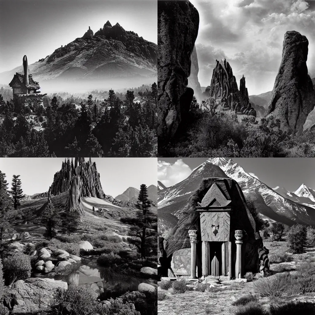 Prompt: mystical warlock temple on the mountain landscape photographed by ansel adams, 8k