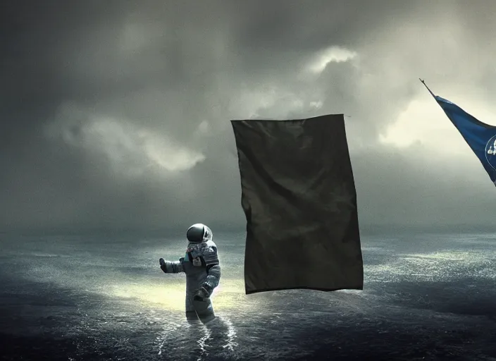 Image similar to astronaut holding a flag in an underwater desert. a submarine is visible in the distance. dark, concept art, cinematic, dramatic, atmospheric, 8 k, trending on artstation, blue, fish, low visibility, fog, ocean floor, christopher nolan, interstellar